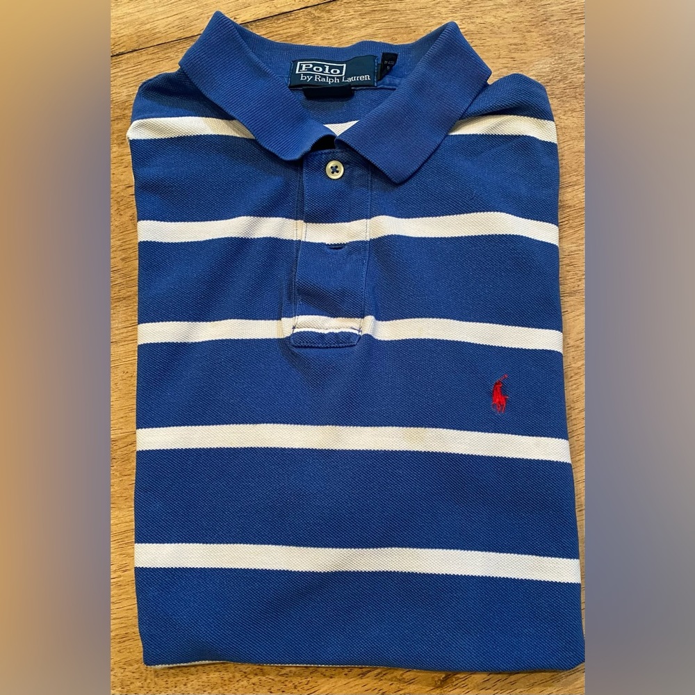 Polo by Ralph Lauren Boy’s Large Custom Fit Blue/White Short‎ Sleeve Knit Shirt